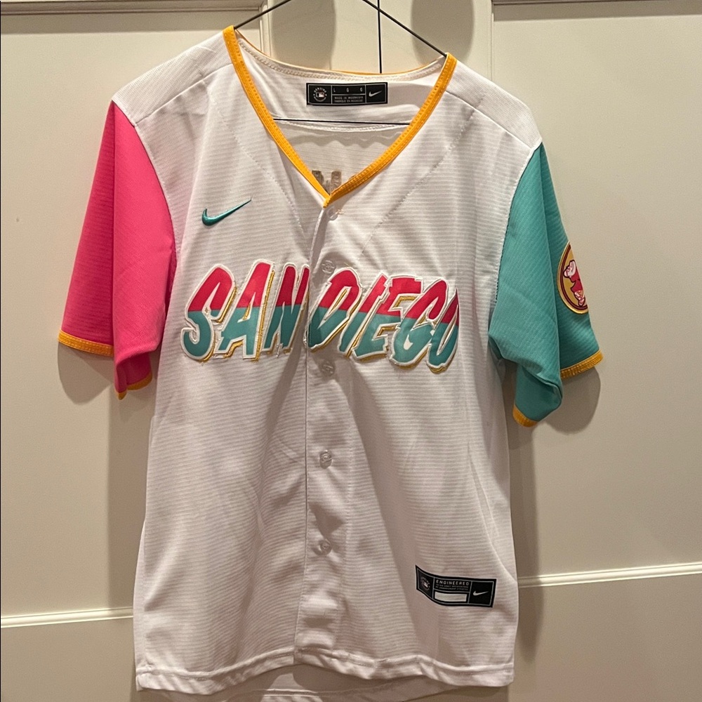 Nike White 'San Diego' Machado Baseball Jersey with Pink & Teal Sleeves